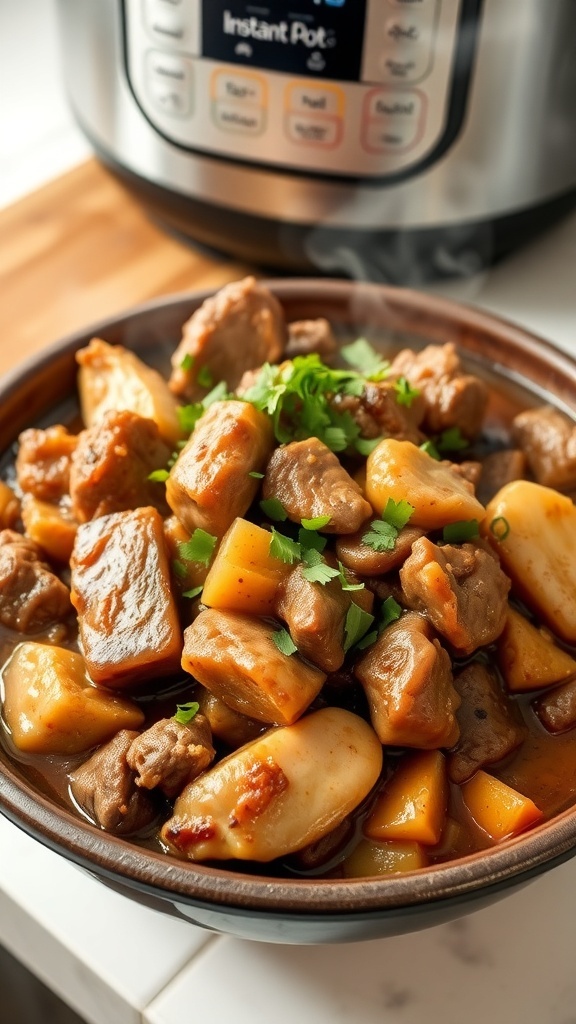 A bowl of savory meat dish from the Instant Pot, garnished with herbs, on a kitchen counter.